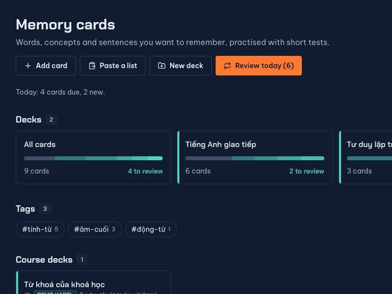 The memory cards page with decks, tags and a course deck